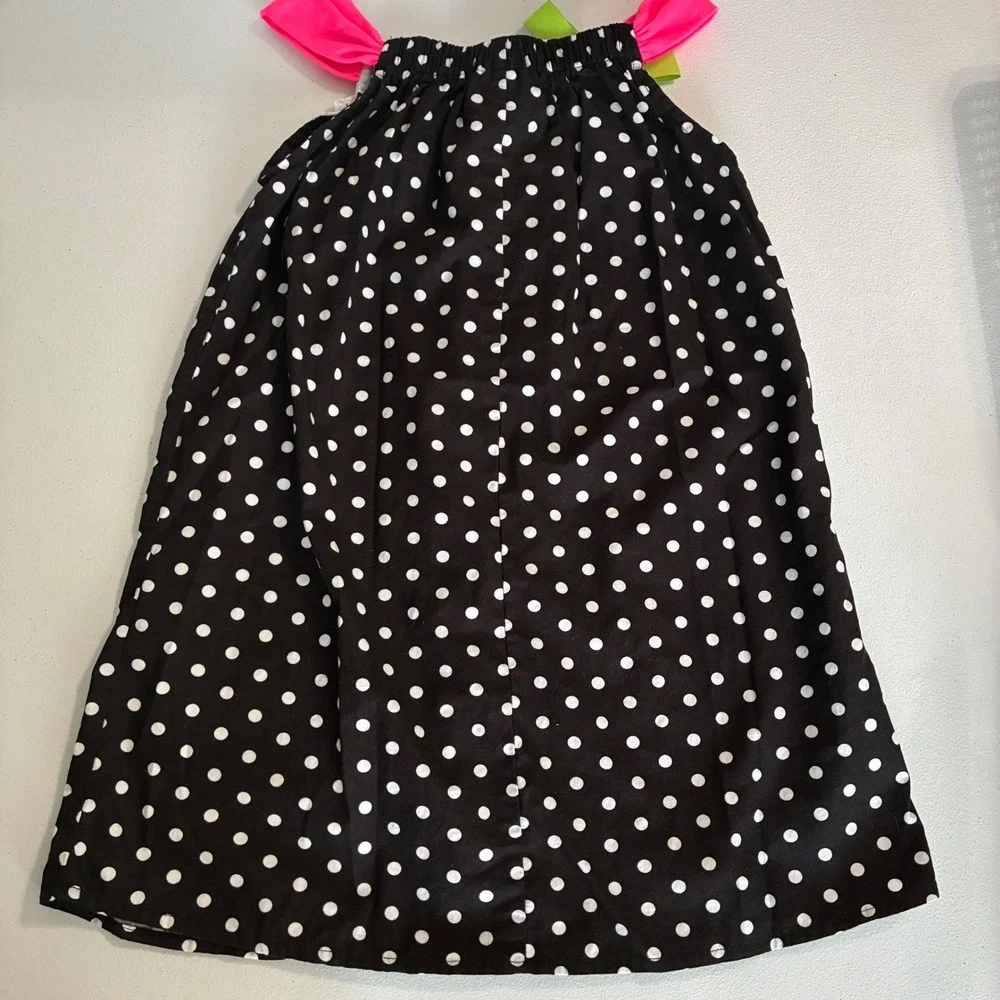 Rare Editions‎ Polka Dot Dress Girls 6 Black Pink Owl Applique Neon Whimsical